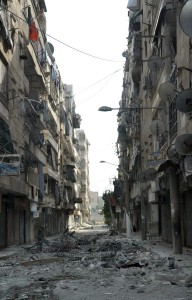 Destroyed buildings line a street in the Salah Al-Din district of the restive city of Aleppo, on 29 July 2012 (photo: AFP / PIERRE TORRES)  