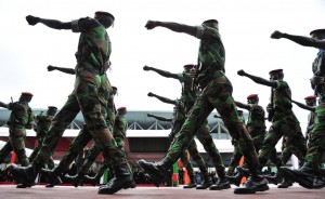 Soldiers of the Ivory Coast army march on August 7, 2012, near the presidential palace in Abidjan during celebrations marking the 52nd anniversary of the country's independence from France. AFP PHOTO / ISSOUF SANOGO
