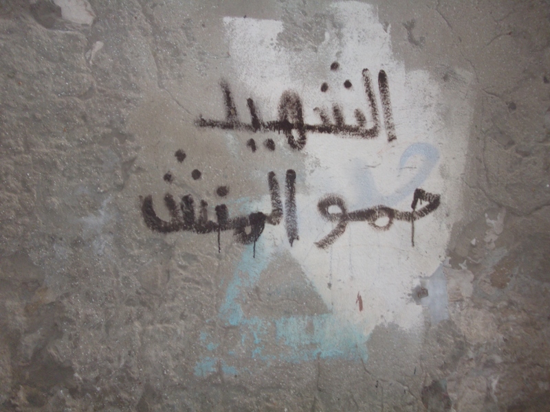 “Hamo Al-Mansh the martyr” written by Abdullah Mohamed Youssed on the walls of house in blood Hanaa Aboul Ezz