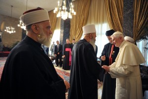 Pope Benedict XVI greeting Muslim clerics during his visit with Lebanese President Michel Suleiman at the Baabda presidential palace AFP PHOTO / OSSERVATORE ROMANO