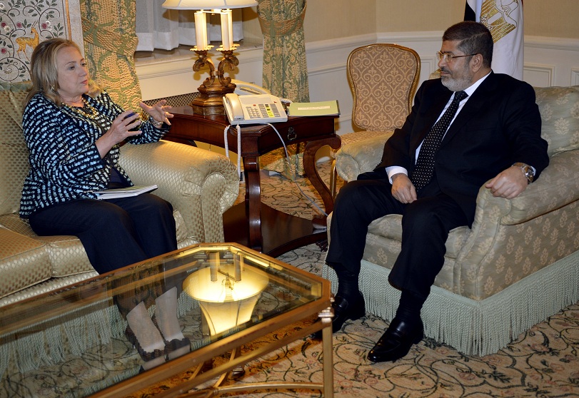 President Mohamed Morsy meets with United States Secretary of State Hillary Rodham Clinton in New York AFP PHOTO / TIMOTHY A. CLARY