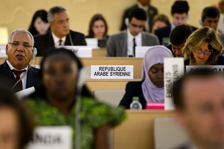 Empty seat of the Syrian delegation at a session of the United Nations Human Right Council in Geneva AFP PHOTO / FABRICE COFFRINI