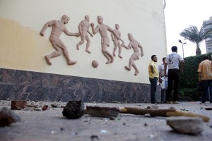 Debris outside the headquarters of Egypt's Football Association in Cairo AFP PHOTO / Stringer