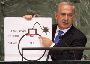 Benjamin Netanyahu, Prime Minister of Israel, uses a diagram of a bomb to describe Iran's nuclear program  AFP, Don Emmert