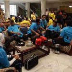 Coaching staff and the team wait in the foyer of their five star hotel on the way to Qena. ‘It is my job to make sure the players are happy and stress-free,’ says coach Mohammed Gamal. As a large conglomerate with telecommunications, real estate and petrol interests, Wadi Degla players are seen as important publicity for the company as a whole Rachel Adams/ DNE