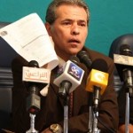 Tawfiq Okasha speaks to the media during a press conference. (Photo by Mohamed Omar)
