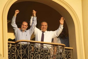 Essam El-Erian , left, and Saad El-Katatny celebrate Morsy’s victory in the presidential elections, now they are running against each other for leadership of the Freedom and Justice Party (File photo)  Mohamed Omar
