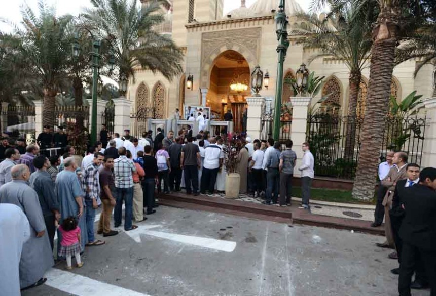 Worshippers are subject to airport style security as they enter Al-Rahman mosque where President Morsy was due to attend Eid prayers By Mohamed Omar