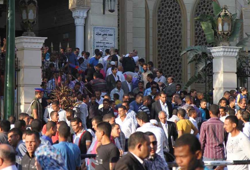 Worshippers outside Al-Rahman mosque By Mohamed Omar