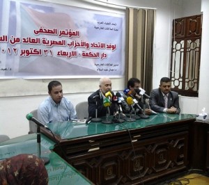 The popular delegation answers audience questions during the press conference. (DAILY NEWS EGYPT /  FADY SALAH) 