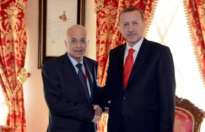 Turkey's Prime Minister Recep Tayyip Erdogan (R) and Secretary General of the Arab League Nabil el-Arabi shake hands before a meeting in Istanbul. AFP Photo/ KAYHAN OZER