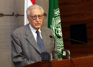 Brahimi speaking during a joint press conference with Prime Minister Najib Mikati at the governmental palace in Beirut on October 17, 2012. (AFP/ HO/ Dalati & Nohra)