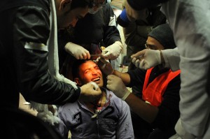 A protester receives treatment at a field hospital established near Tahrir Square during clashes on Mohammed Mahmoud street in November 2011 Laurence Underhill / DNE
