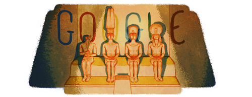 Google doodle of the sun shining inside Abu Simbel.