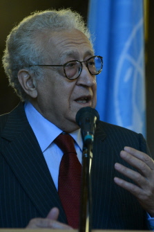 UN-Arab League peace envoy Lakhdar Brahimi speaks to the media following his talks with Russian Foreign Minister Sergei Lavrov in Moscow. (AFP PHOTO / KIRILL KUDRYAVTSEV)