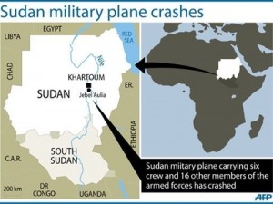 A map locating Jebel Aulia in Sudan where 13 Sudanese military personnel died and nine others were injured when their transport plane crashed west of Khartoum on its way to conflict-plagued Darfur, state media reported AFP Photo