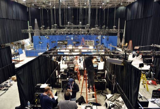 Television crews set up inside the debate hall as preparations continue for the second presidential debate (AFP, Stan Honda)