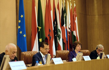 From right to left, Pierre Vimont, Executive Secretary General of the European External Action Service, EU Foreign policy chief Catherine Ashton, Lebanese Foreign Minister Adnan Mansour and Arab League general secretary Nabil al-Arabi, attend the ministerial meeting of Arab League and European Union at the Arab League headquarters in Cairo. (AFP PHOTO / KHALED DESOUKI)