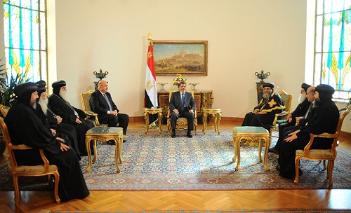 President Mohamed Morsy welcomed Pope Tawadros II and several bishops to the presidential palace. (Photo courtesy of the presidential office)