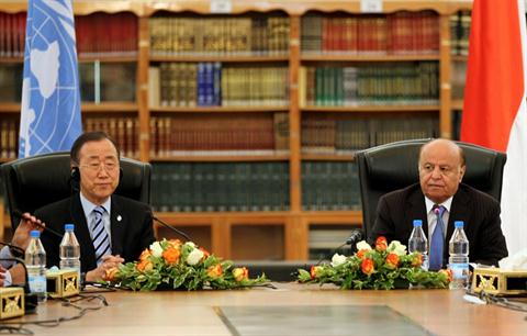 United Nations Secretary General Ban Ki-moon (L) attends a meeting with Yemeni President Abd Rabbo Mansour Hadi in Sanaa on November 19, 2012, during an unannounced visit to take stock of the implementation of the agreement on political transition signed a year ago. (AFP PHOTO/ MOHAMMED HUWAIS)