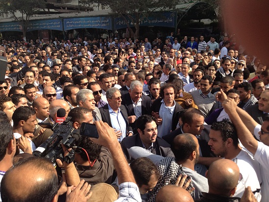 ElBaradei, Sabahi, Amr Mousaa lead civil parties march to Tahrir on Friday against latest presidential decree. (DNE / Basil Al-Dabh)