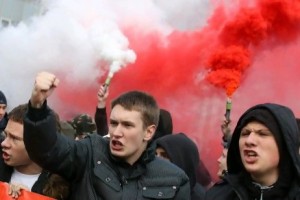 Russian ultranationalists take part in the Russian March in Moscow in November. The director of the Moscow branch of Human Rights Watch says nationalists are becoming more visible and more active in their propaganda. (AFP PHOTO / ALEXEY SAZONOV)