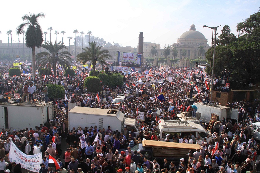 A large crowd gathers at Cairo University for a demonstration in support of President Morsy Mohamed Omar