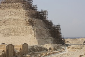 Scaffolding covers large portions of the pyramid side Monica Hanna