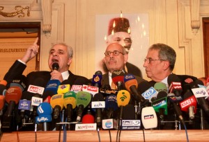 From left, Hamdeen Sabahy, Mohamed ElBarabdei and Amr Moussa give a press conference to announce the National Salvation Front’s policy of rejecting dialogue with President Morsy on 28 January 2013(DNE/ Mohamed Omar)