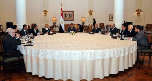 A handout picture released by the Egyptian Presidency shows Egypt's President Mohamed Morsy attending a national dialogue meeting in Cairo on January 28, 2013. 