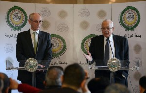 European Union President Herman Van Rompuy (left) and Arab League general secretary Nabil al-Arabi (right) give a statement after their meeting at the Arab League headquarters. (AFP Photo / Khaled Desouki)