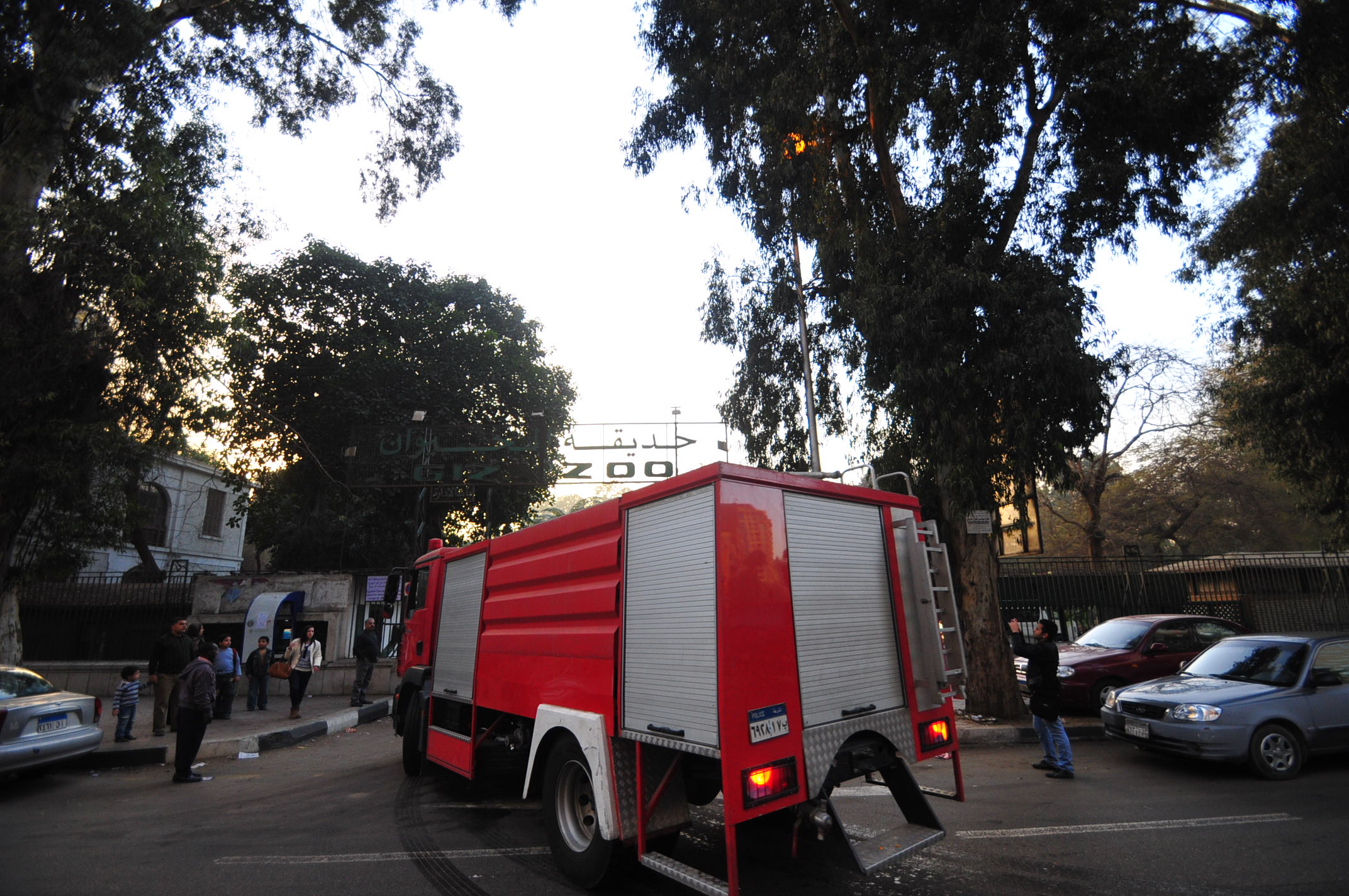 Fire trucks arrive to tackle a blaze at Giza Zoo Hassan Ibrahim