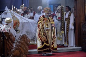 Newly elected leader of Egypt's Coptic Christian, Pope Tawadros II, Head of the Egyptian Coptic Orthodox Church, leads the Coptic Christmas midnight mass at the Al-Abasseya Cathedral in Cairo late on 6 January (AFP Photo / Khaled Desouki)