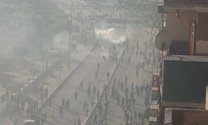 Police fire heavy tear gas at protesters in Suez  on 25 January 2013 and several people were arrested  (Photo by Hassan Ghoneima/DNE)