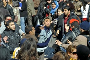 Islamist students attack students of the Bourguiba Language Institute in the El Khadra neighbourhood, a Salafist bastion, of the capital Tunis, as they try to prevent the filming of current Internet craze the "Harlem Shake" (AFP Photo )