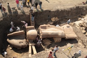 One of Amenhotep III statues is being prepared to be moved