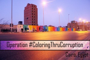 The group at work on the Cairo ring road at night Picture courtesy of #ColoringThruCorruption Facebook Page