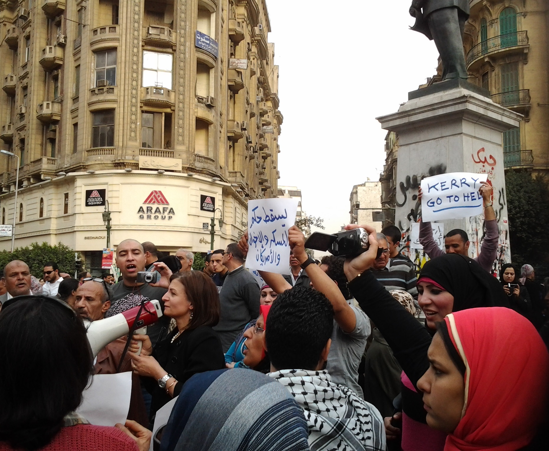 Hundreds protested in Tala’at Harb Square in Downtown Cairo on Saturday against President Morsi and the Muslim Brotherhood, in solidarity with the citizen killed by Central Security Forces (CSF) in Mansoura on Friday (Photo by Fady Salah)