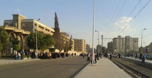 Students from Al-Azhar University cut off Yossef Abbas street by the campus in protest of a car that nearly ran over female students (Photo courtesy of 6 April- Azhar University)   