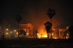 Flames light the sky as Egyptians protesters clash with security forces in Port Said late (AFP Photo \ Stringer)