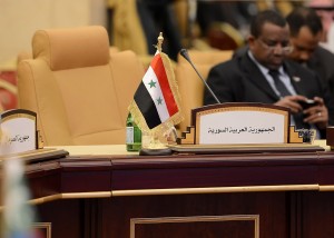 The seat of the Syrian delegation remains empty during a preparatory meeting of Arab foreign ministers ahead of the annual Arab League summit in the Qatari capital Doha (AFP Photo)