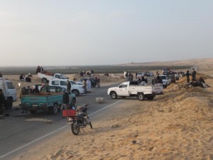 After blocking roads in February, Bedouin tribes returned to closing the Rafah to El-Arish road in protest at the monopolisation by two companies over the flow of construction material to Gaza (Photo by: Nasser Al-Azzazi) 