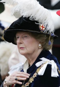 A picture dated June 19, 2006 shows Baroness Margaret Thatcher leaving St George's Chapel in Windsor after the annual Garter Service (AFP Photo)
