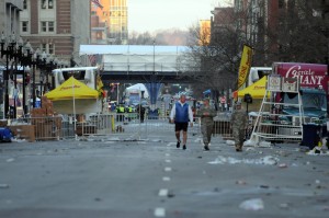 The marathon finish line bridge is seen on Boylston Street on April 16, 2013 in Boston, Massachusetts (AFP Photo)
