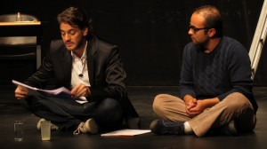 Actor Khaled Abol Naga interacts with one of the audience members during the play White Rabbit, Red Rabbit (Photo by: Thoraia Abou Bakr)