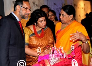 The ambassador of India, Navdeep Suri, his wife Mani Suri and Jaya Jaitly admire the displayed objects in the exhibition during the opening (Photo by: Indian Embassy)
