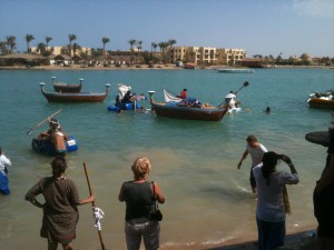 The teams of El Gouna residents and businesses during their recycled raft race in one of the lagoons