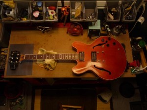Guitar repairs vary from small wiring jobs on pick ups to more serious damage as this Gibson ES-333 that has a broken headstock (Photo from Roadside Guitars) 