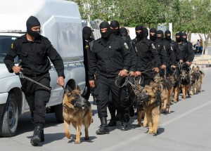 Tunisian Police Special Unit agents patrol with dogs in a street that leads to Okba Ibn Nafaa mosque in the southern Tunisian city of Kairouan on May 19, 2013 (AFP Photo)
