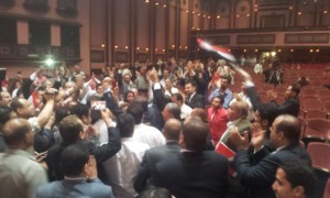 Celebrations of Free Egyptians Party's members after Ahmed Said was re-elected party chairman with 734 votes, defeating Ehab Al-Tamawy who got 266 votes, while 234 party members competed over  the 100 seats of the party’s supreme committee. (Photo From Free Egyptians Party Facebook Page)
